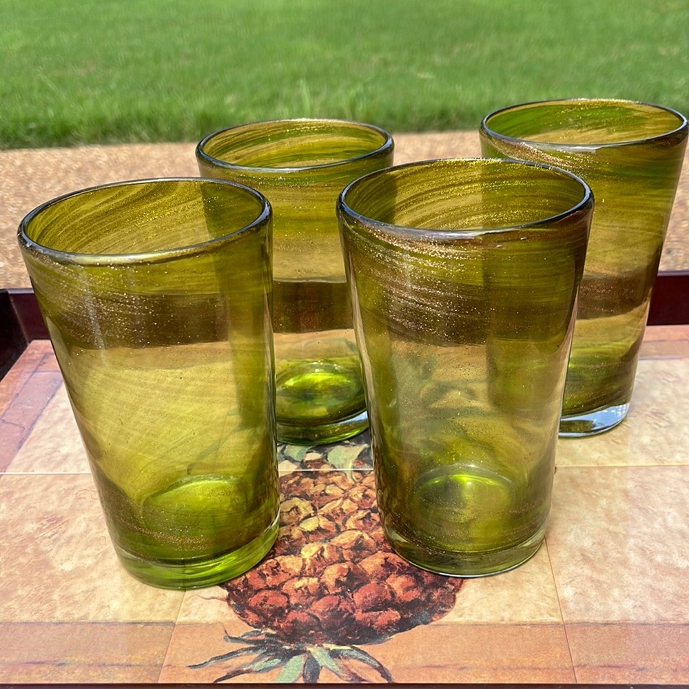 Hand-blown Glasses, Green with gold details.